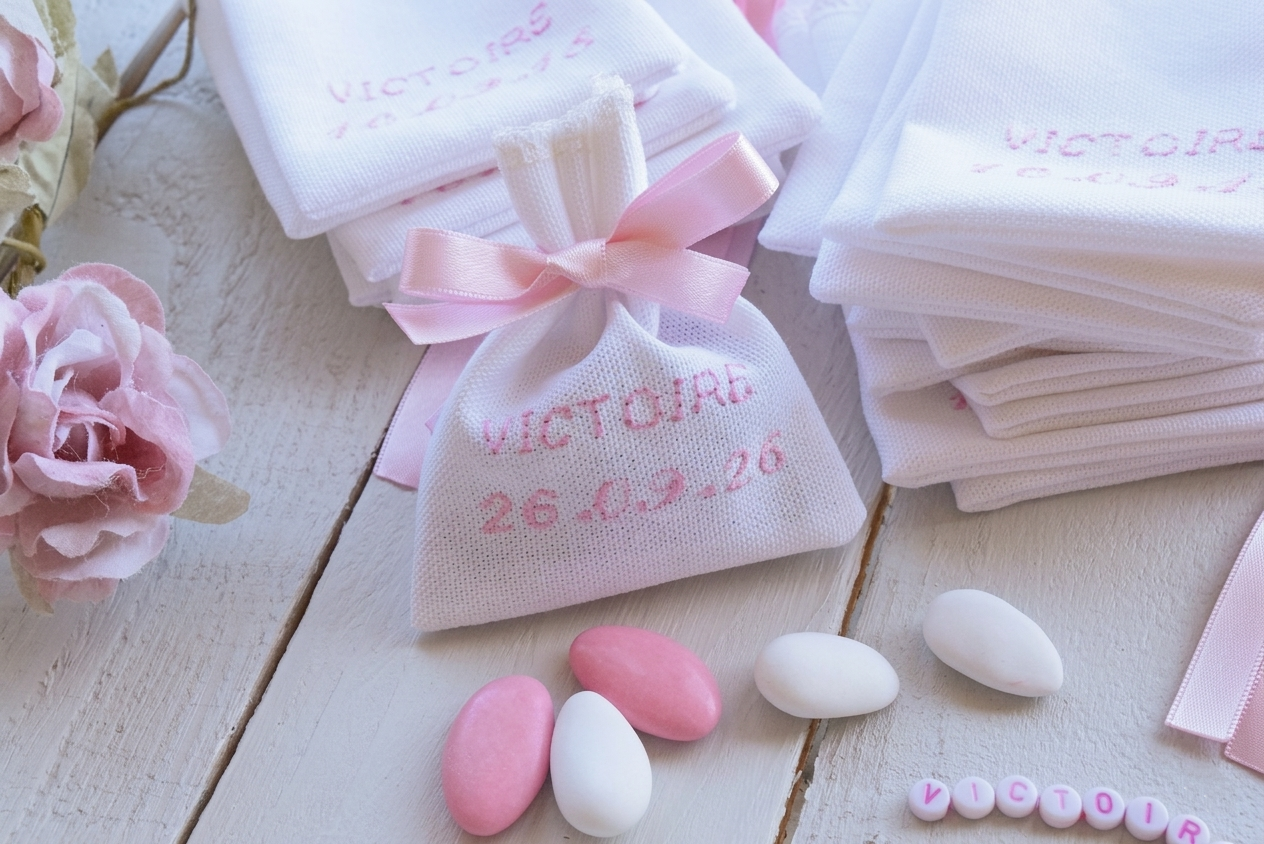 Ballotin dragées baptême broderie prénom et date enfant - sachet coton blanc et broderie rose- cadeaux invités communion cérémonie