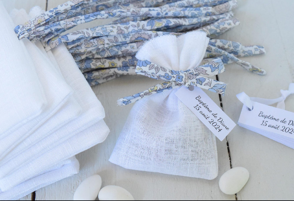 Sachet lin blanc pour baptême 