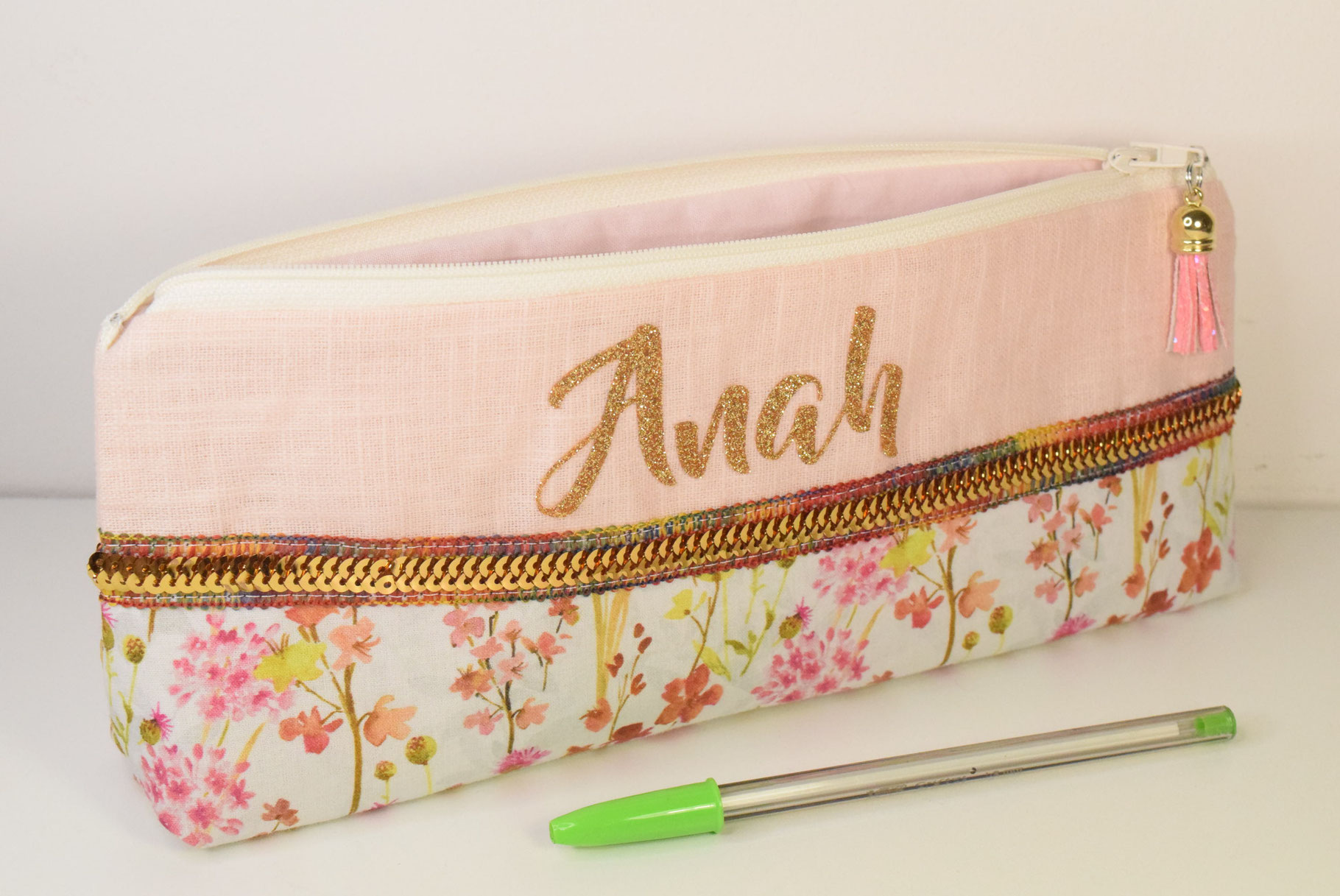 Trousse école fleurs & lin rose poudré à personnaliser avec prénom fille