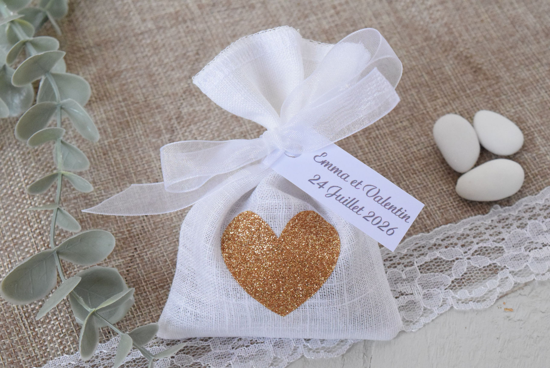 ballotin dragées coeur mariage ruabn organza