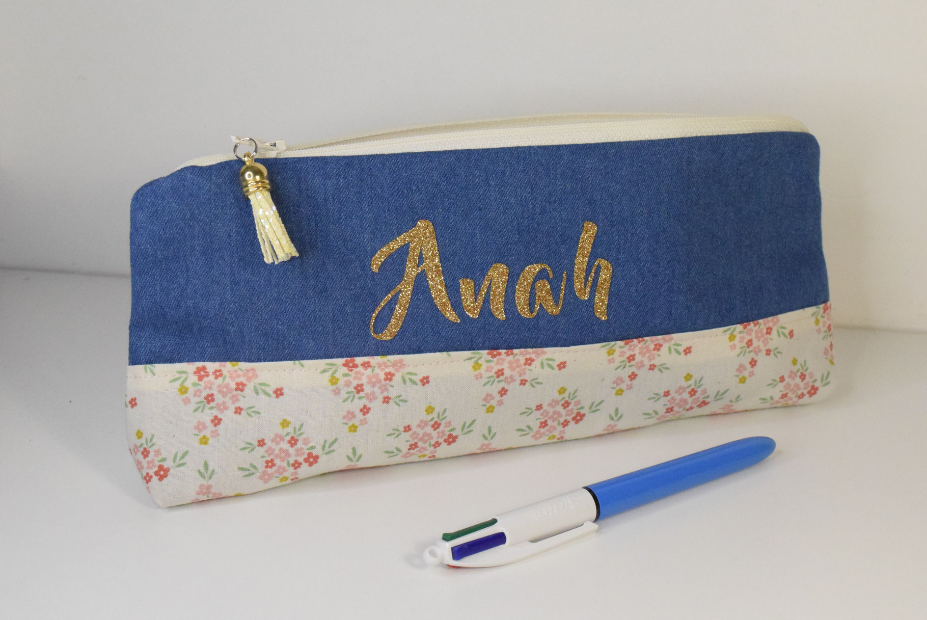 Trousse école jeans fleurs champêtre à personnaliser avec prénom fille