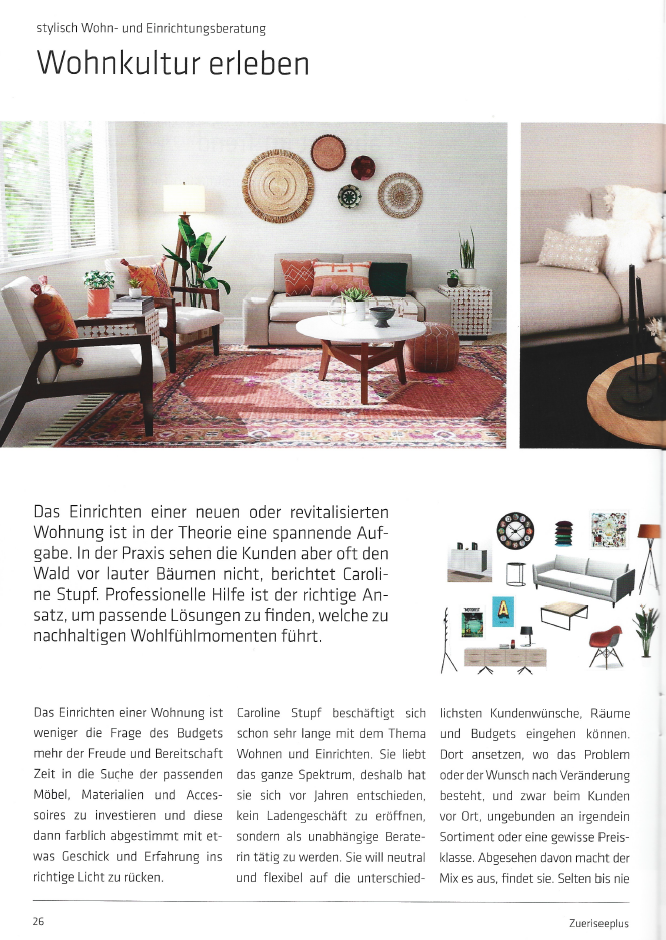 PR Beitrag im Zürichseeplus über Caroline Stupf stylisch Wohnberatung zum Thema Wohnkultur Einrichtungsberatung Interior Design Innenarchitektur schöner wohnen