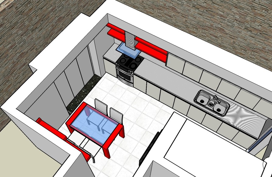 Mueble de cocina con estantes y detalle de mesa laqueada en rojo