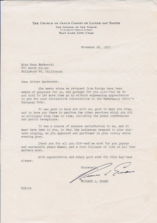 Letter from Elder Richard L. Evans after the tour