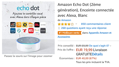 Promotion réduction de 67% off : Echo Dot 2è génération : 19,99 euros (au lieu de 59,99 euros) sur www.2bamboo.jimdo.fr