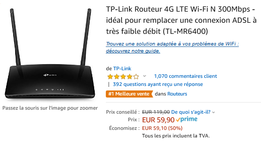 ROUTEUR 4G LTE TP LINK 59,99 EUROS PROMOTION (au lieu de 119 euros) Promotion 50%