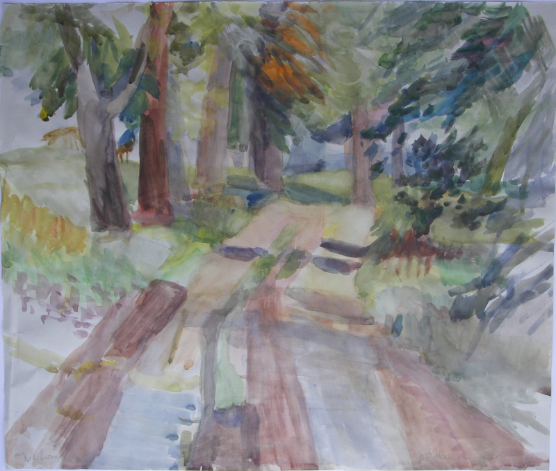 Die Allee am Kanal, Aquarell auf Achatpapier 50x60cm