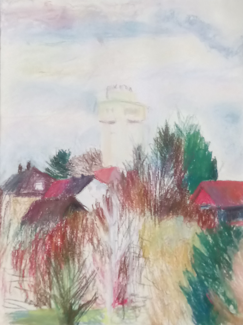 Landschaft mit Wasserturm Pastell 32x24cm 