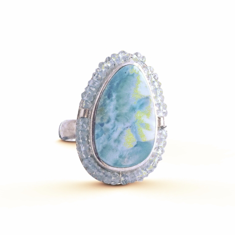 Larimar-Ring mit Aquamarin-Umrandung in Sterlingsilber. Größe 8