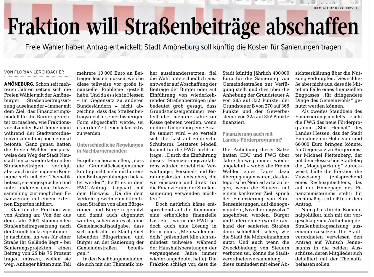 OP Bericht: Straßenbeiträge abschaffen