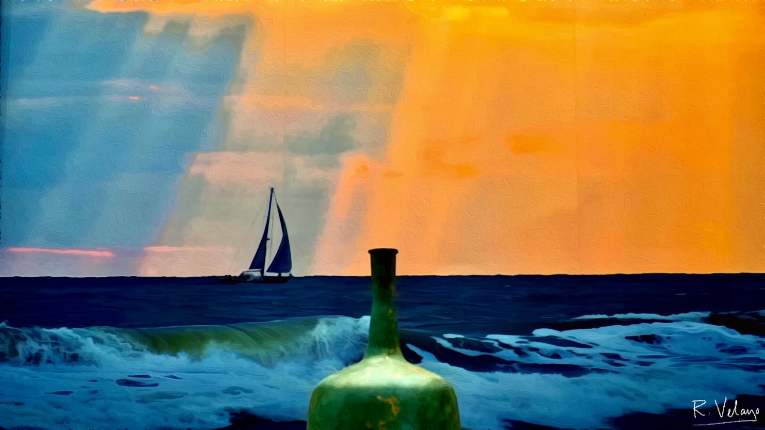 GREEN VASE WITH DUSK BY THE SEA AS BACKGROUND" [1/07/2022]