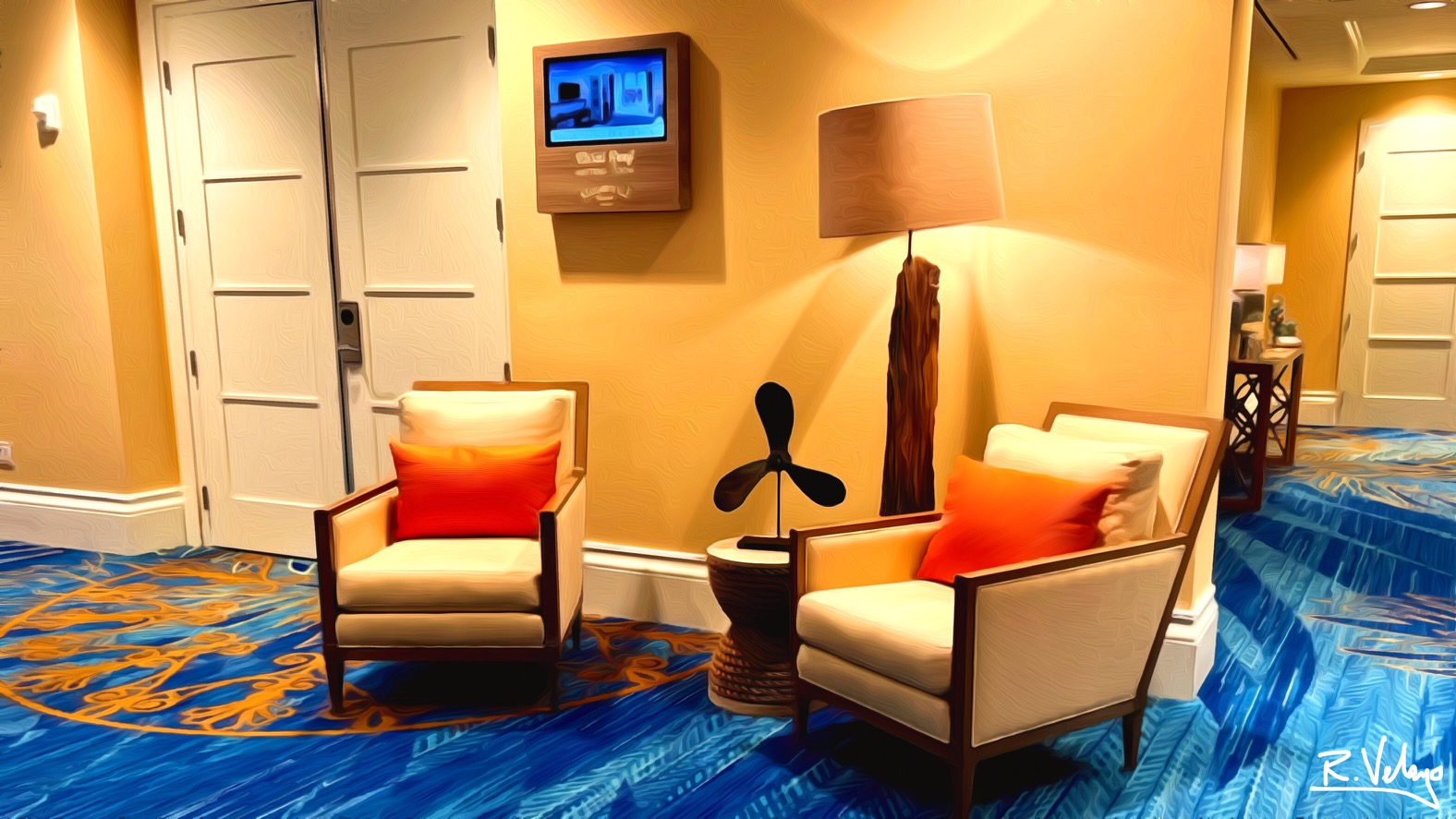 "LOUNGE AREA WITH TWO BRIGHT ORANGE PILLOWS" [Created: 1/06/2022]