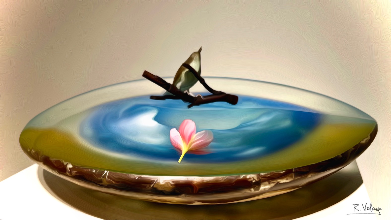 "BIRD PERCHED ON A TWIG IN A GLASS BOWL" [Created: 8/26/2022]