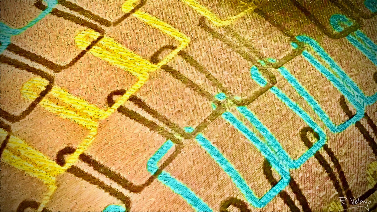 "YELLOW, BROWN, BLUE MOD DESIGN STITCHING ON FABRIC" [Created: 6/26/2021]