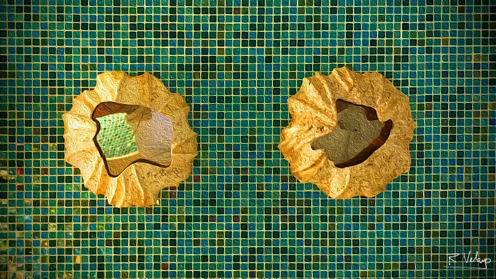 "TWO HOLLOW GOLD NUGGETS ON BLUE AND GREEN TILES" [Created: 7/30/2021]