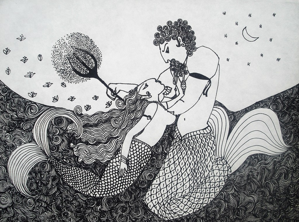 "Meerjungfrau und Meeresgott"; Tuschestift/Papier. 30 x 40 cm. 2009.