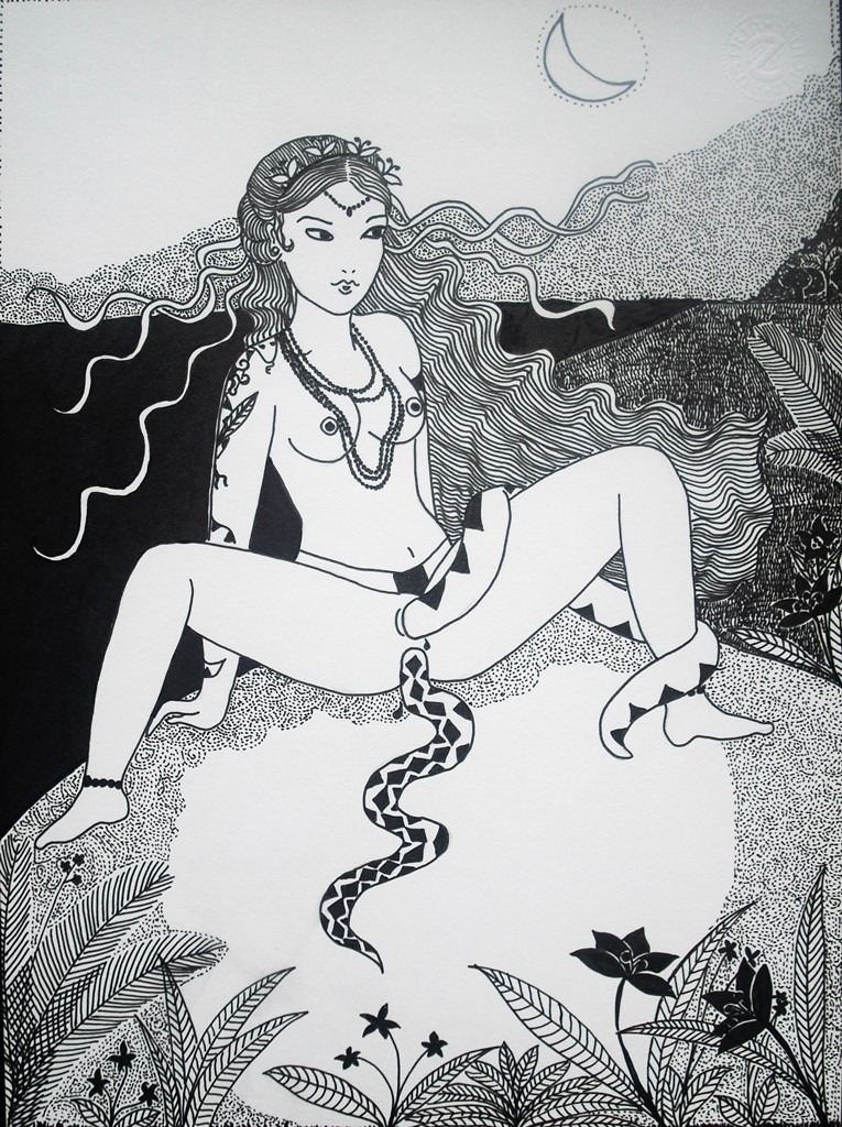 "Frau mit zwei Schlangen";  Tuschestift/Papier. 22 x 30 cm. 2012.