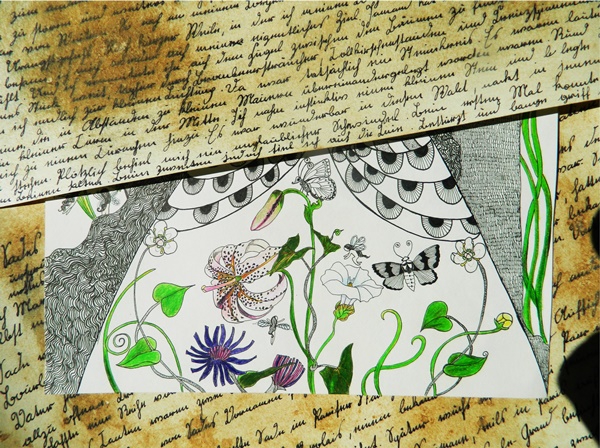 "Briefe"; Tuschestift/Aquarell/Kaffee auf Papier. Collage. 2018