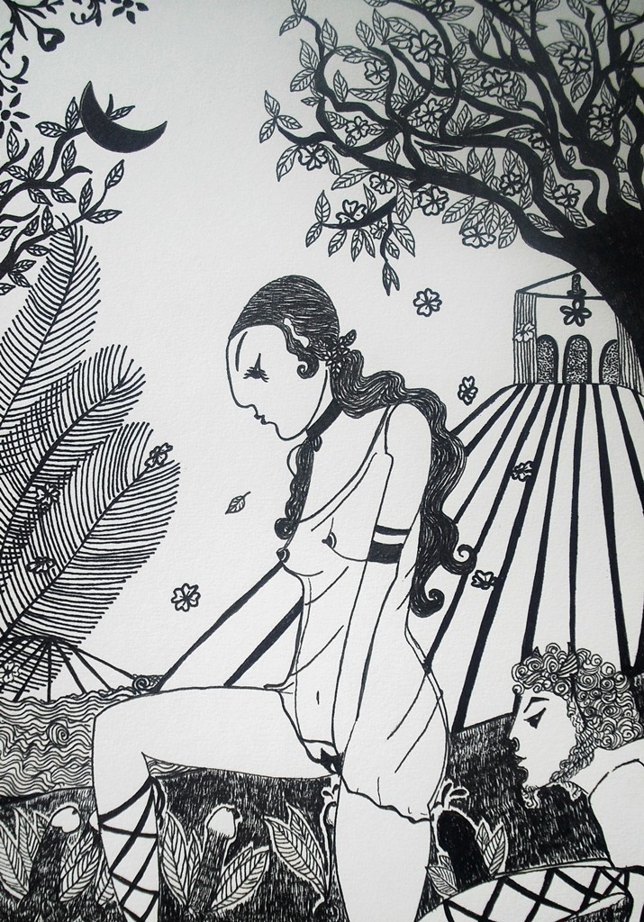 "Im Garten der Aphrodite"; Tuschestift/Papier. 20,8 x 29,5 cm. 2011.