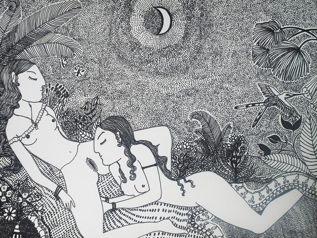 "Zwei Frauen im Garten";  Tuschestift auf Papier. 24 x 30 cm. 2012.