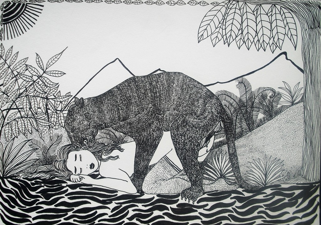"Frau mit wildem Tier";  Tuschestift auf Papier. 21 x 29 cm. 2011.