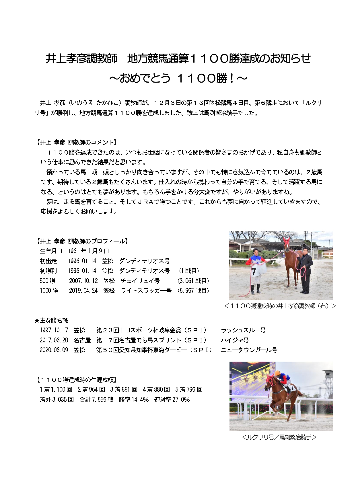 井上孝彦調教師地方競馬通算１１００勝達成のお知らせ オグリキャップを輩出した岐阜の地方競馬 笠松けいば