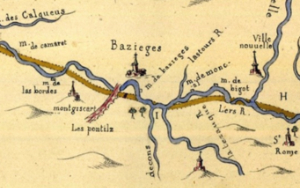 Fig.3 - Partie du plan géométrique du Canal Royal, illustrant le projet de canal pour la communication des mers par Garonne et Aude en Languedoc (François Andréossy et Jean Cavalier, 1665).