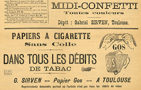 Publicité pour le papier à cigarette Gos parue dans le journal Lé Gril