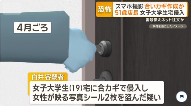 スマホ撮影で合鍵を作り、51歳男店長が19歳女子大学生の自宅侵入