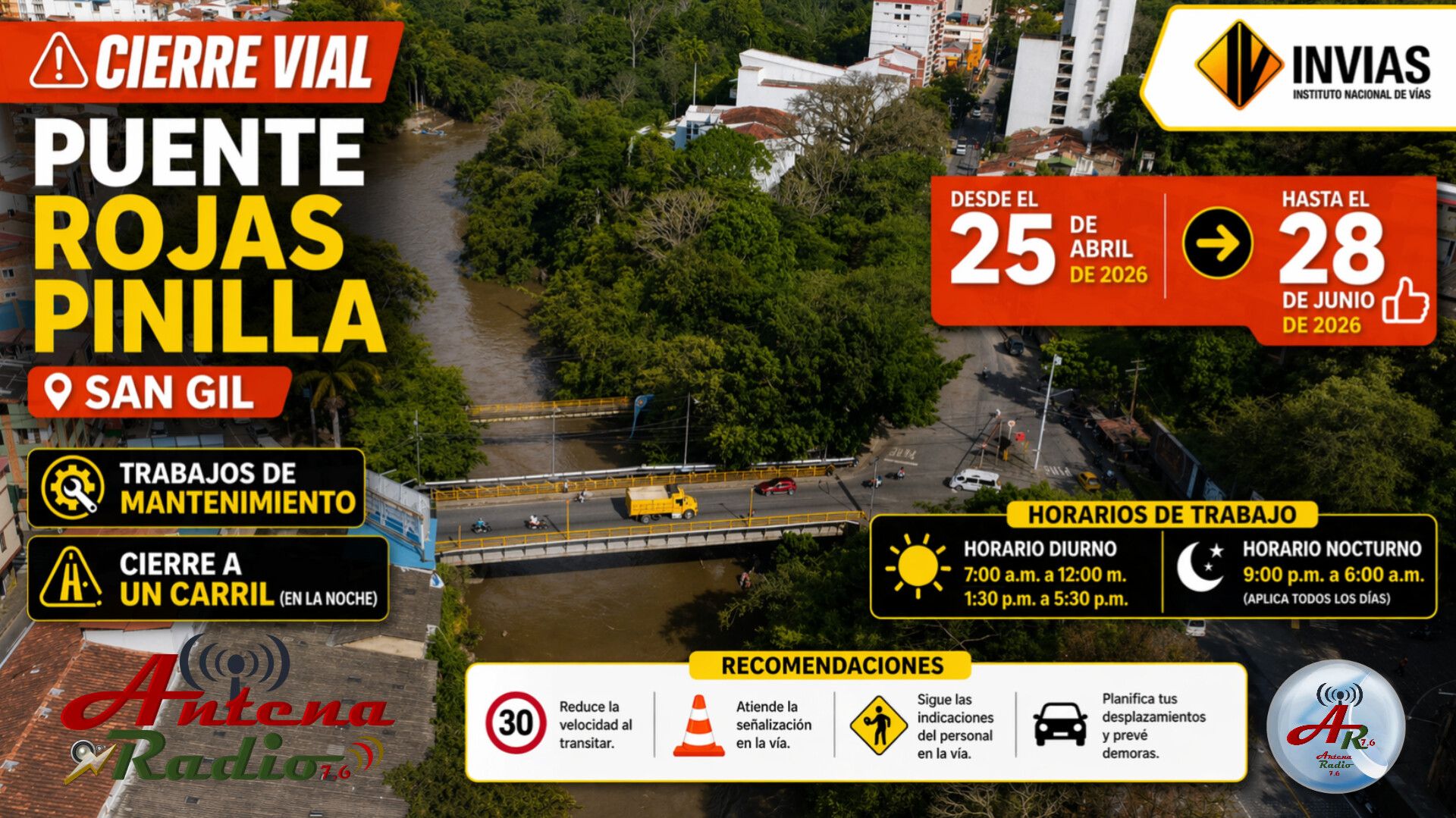 Cierre vial parcial en el puente Rojas Pinilla de San Gil