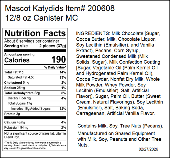 Mascot Katydids 200608 Nutrition Information