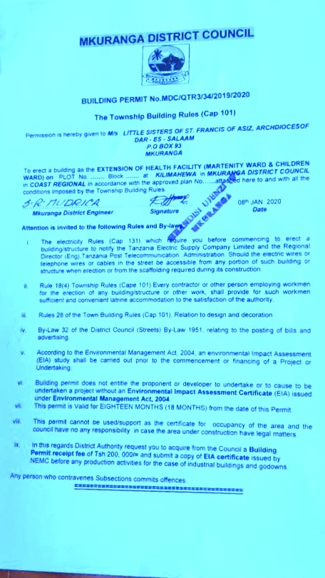 Offizielle Baugenehmigung des Mkuranga District Councils für die Erweiterung der Gesundheitseinrichtung Kilimahewa.