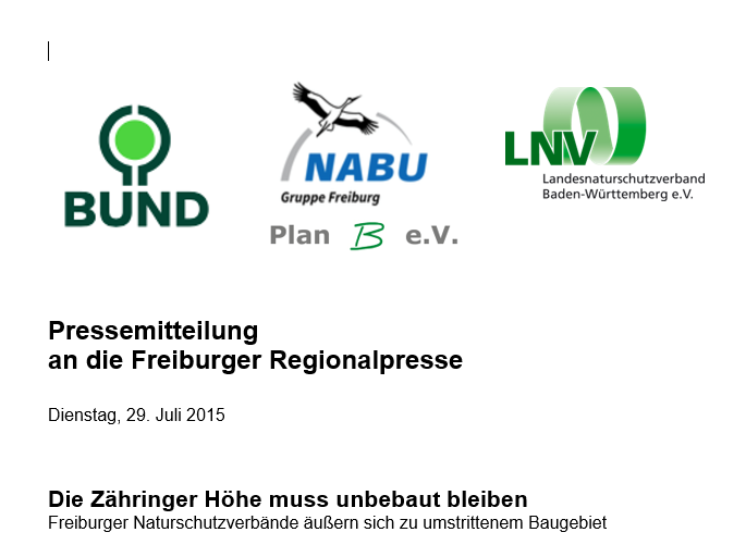 Pressemitteilung - Die Zähringer Höhe muss unbebaut bleiben!