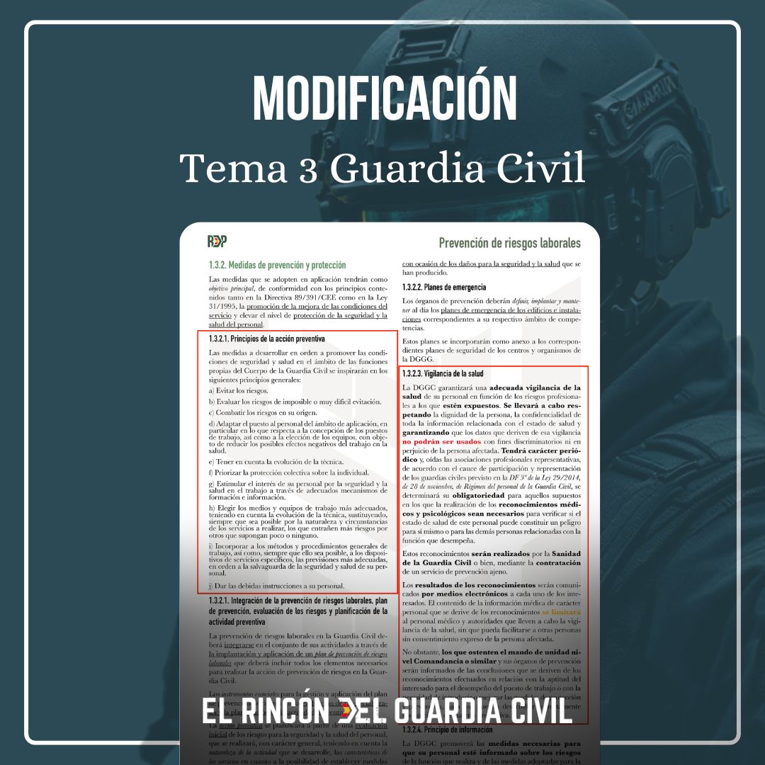 Modificación Tema 3 Oposición Guardia Civil. Real Decreto 179/2005, de 18 de febrero, sobre prevención de riesgos laborales en la Guardia Civil