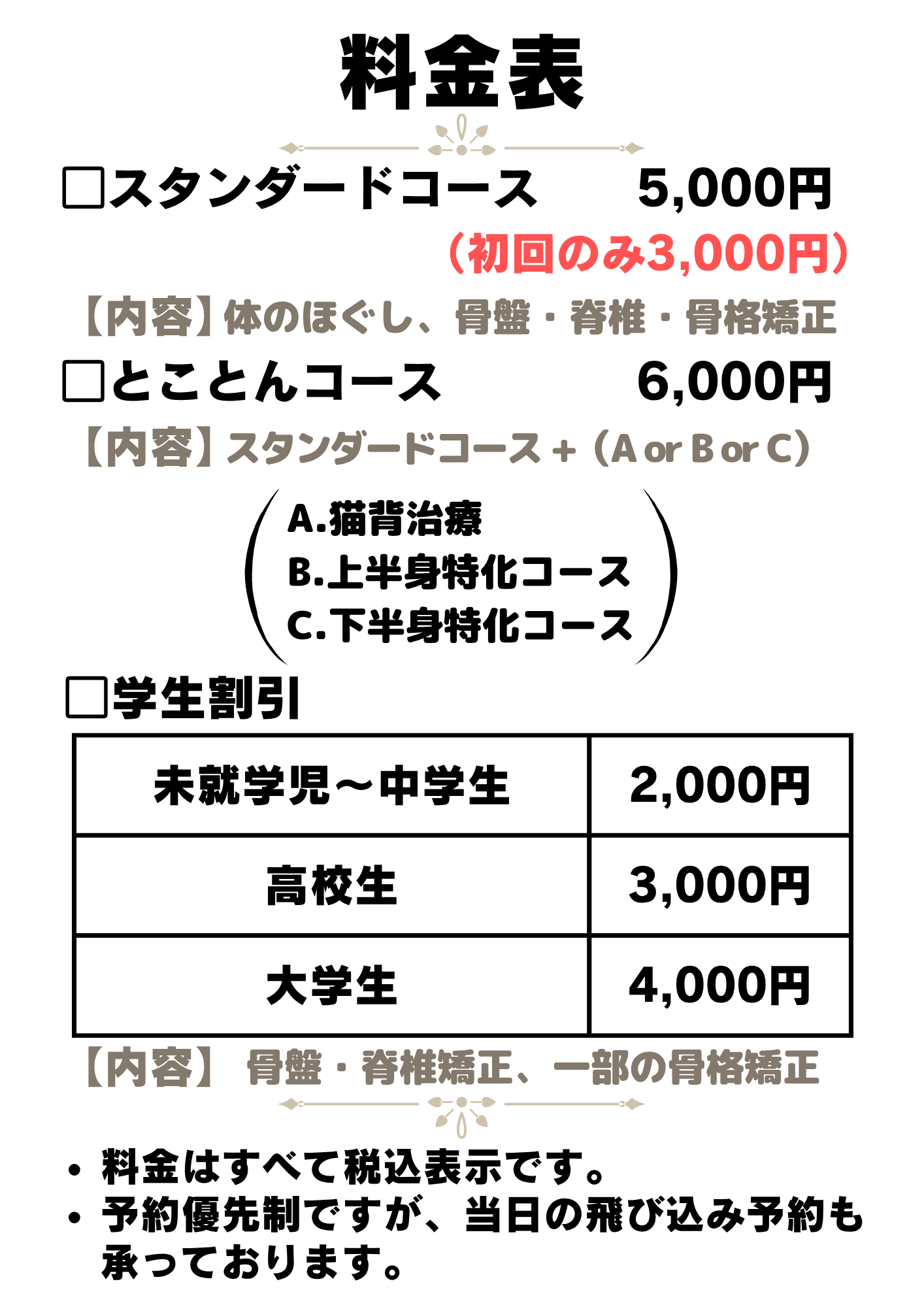 つつみ整体院の料金表