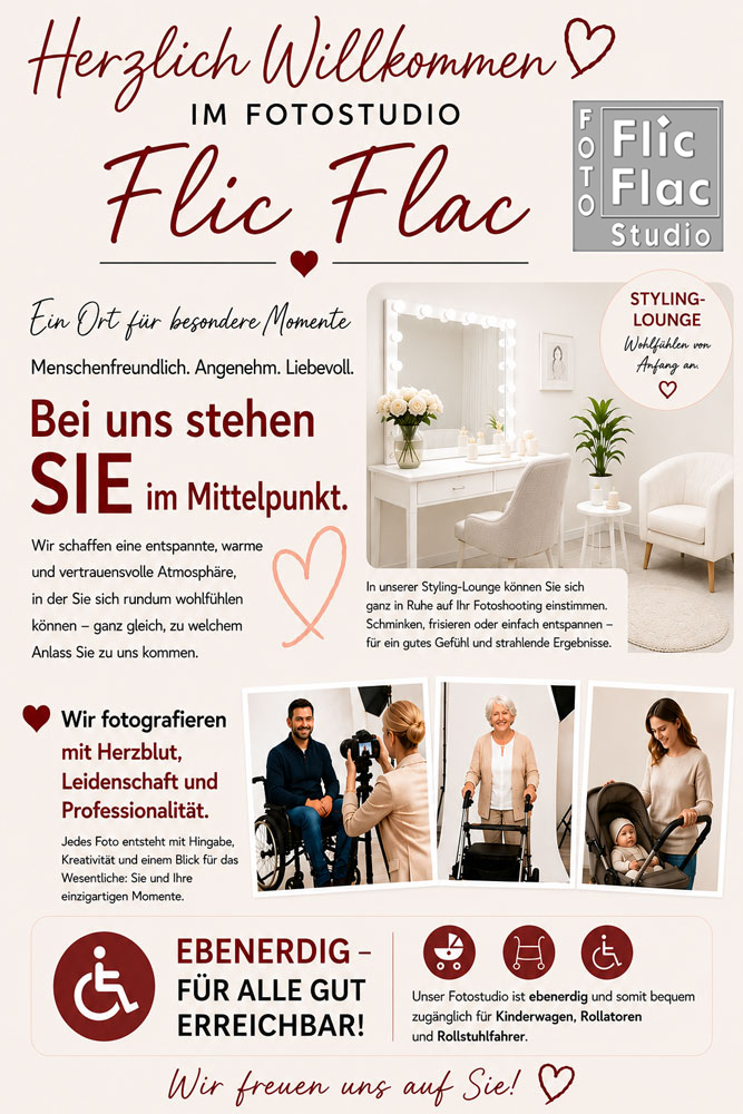 Unser Fotostudio ist ebenerdig und mit dem Rollstuhl gut zugänglich.