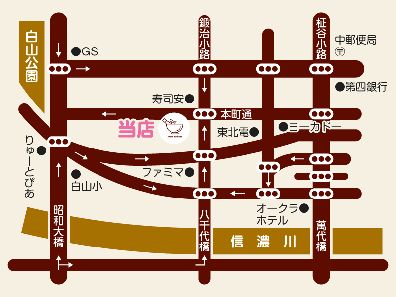 新潟市の漢方薬専門店「西山薬局」のルートマップ・略地図