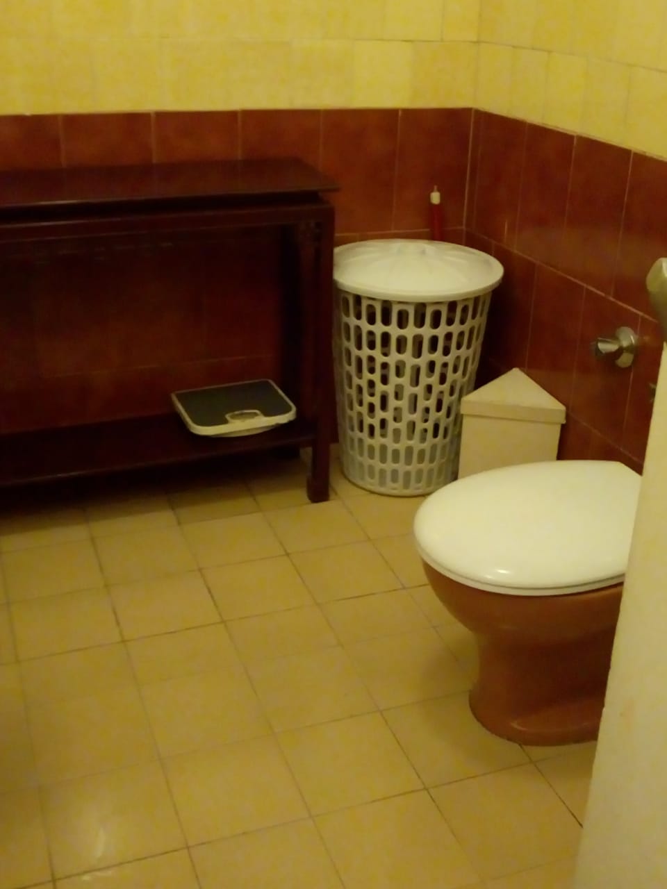 vaso sanitário com prateleira para as toalhas e cesta prá roupa suja