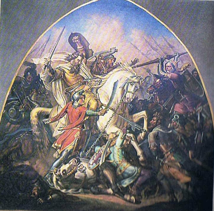 Tod König Johanns in der Schlacht von Crécys.  Sein Pferd ist angekettet an die Pferde seiner letzten beiden getreuen Ritter, die bereits gefallen sind.