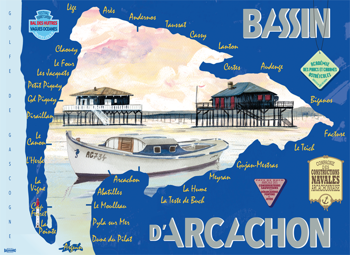 Affiche carte Bassin Arcachon cabanes Tchanquées  50x70cm  25€  quadri recto 300g