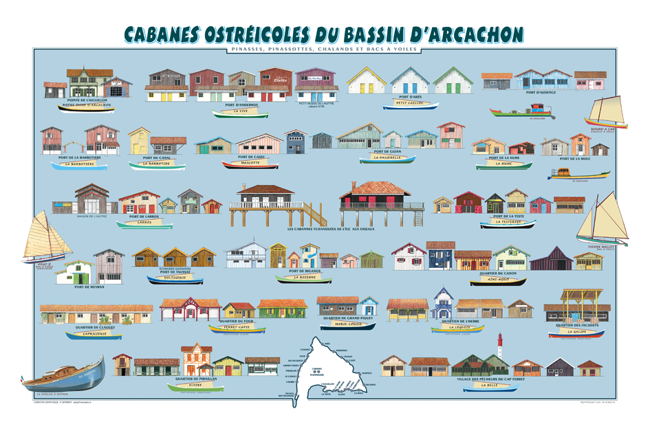 Affiche cabanes ostréicoles du Bassin d'Arcachon    40x57cm  21,30€   quadri recto 220g