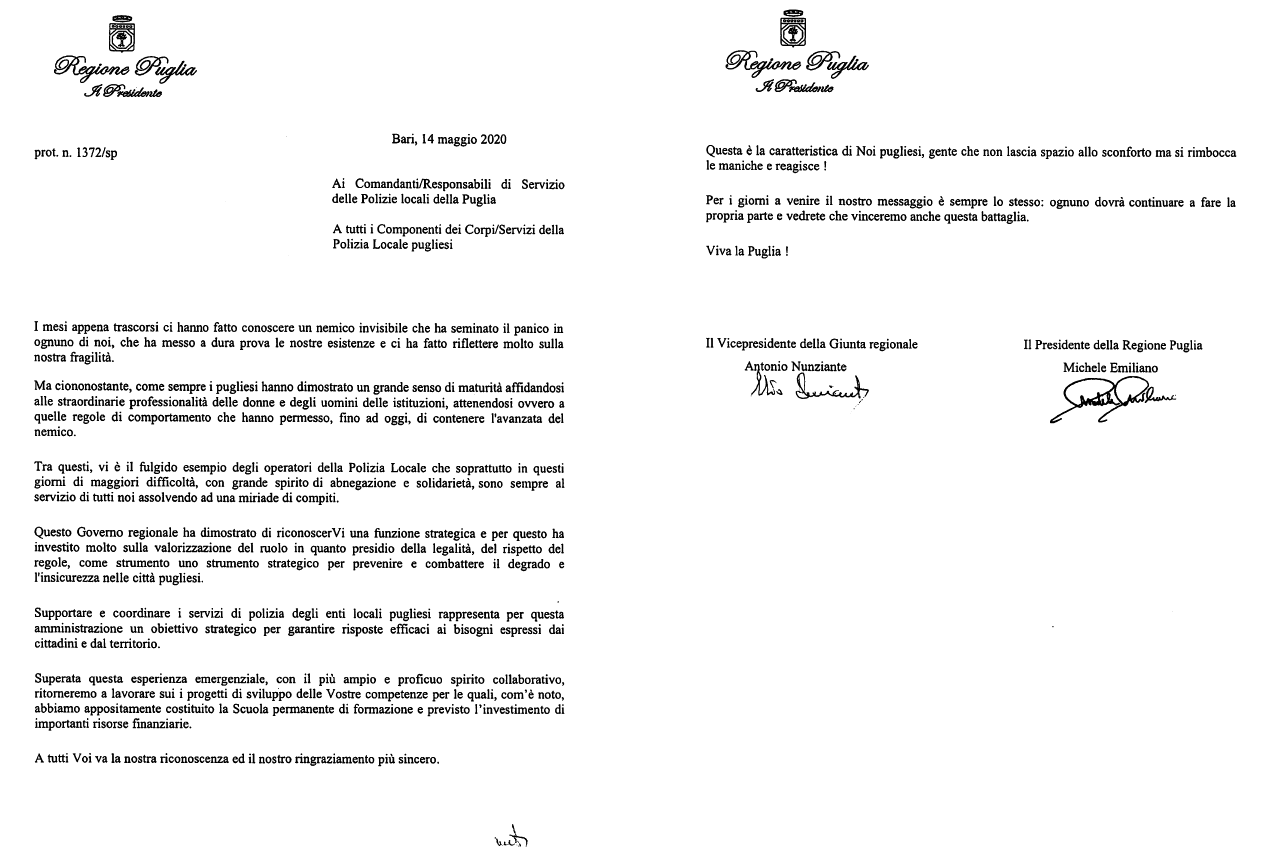 Lettera di ringraziamento del Governatore Emiliano alle ...