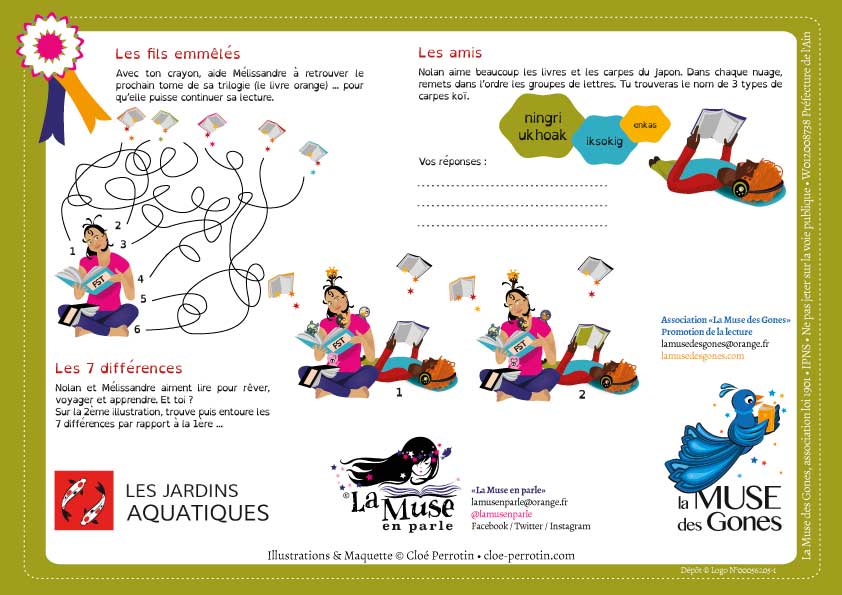 Jeux illustrés réalisés par la graphiste illustratrice Cloé Perrotin pour l'animatrice chroniqueuse La Muse en parle pour ses ateliers aux Jardins Aquatiques en 2017