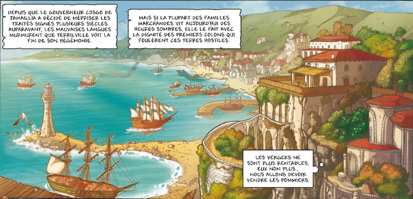 Une magnifique vue sur Terrilville dans la bande dessinée les Aventuriers de la Mer, Tome 1 Vivacia, aux éditions Soleil