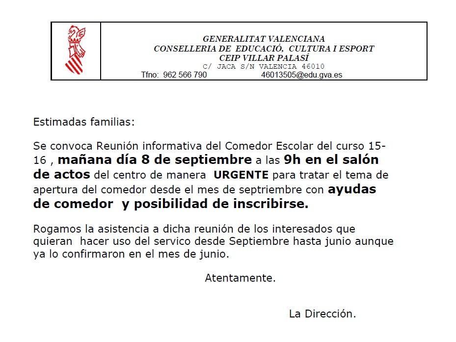 Reunión comedor escolar 2015-16 - AMPA C.E.I.P. Villar Palasí-Vivers Reunión comedor escolar 2015-16 - AMPA C.E.I.P. Villar Palasí-Vivers