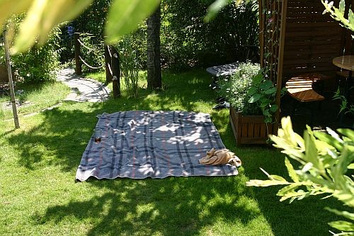 Ein idealer Platz zum Hundebekuscheln - neben der Weinschnecke auf der Decke ...