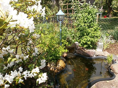 Jetzt steht die blaue Gartenlaterne am kleinen Teich