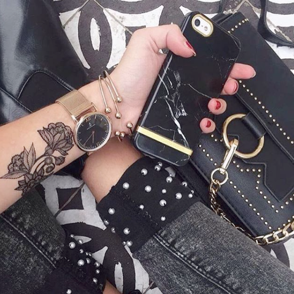 Vintage floral sleeve tattoo - shop temporary bohemian flower tattoo Rosary I Treasures Design - Bohemian luxe suede fringe wraps and leather bags