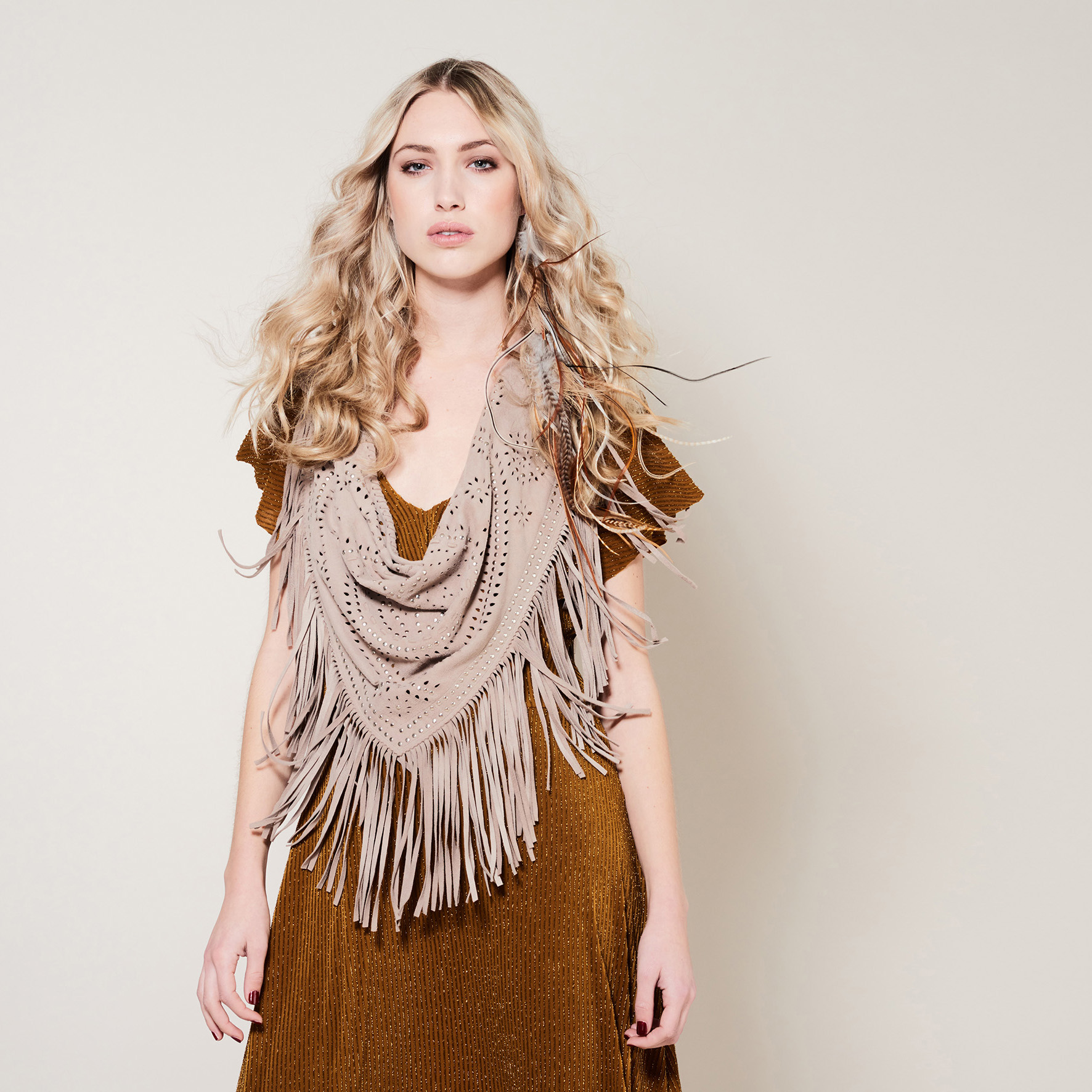 Alya shawl with studs - powder - Bohemian luxe suede fringe wraps and ...