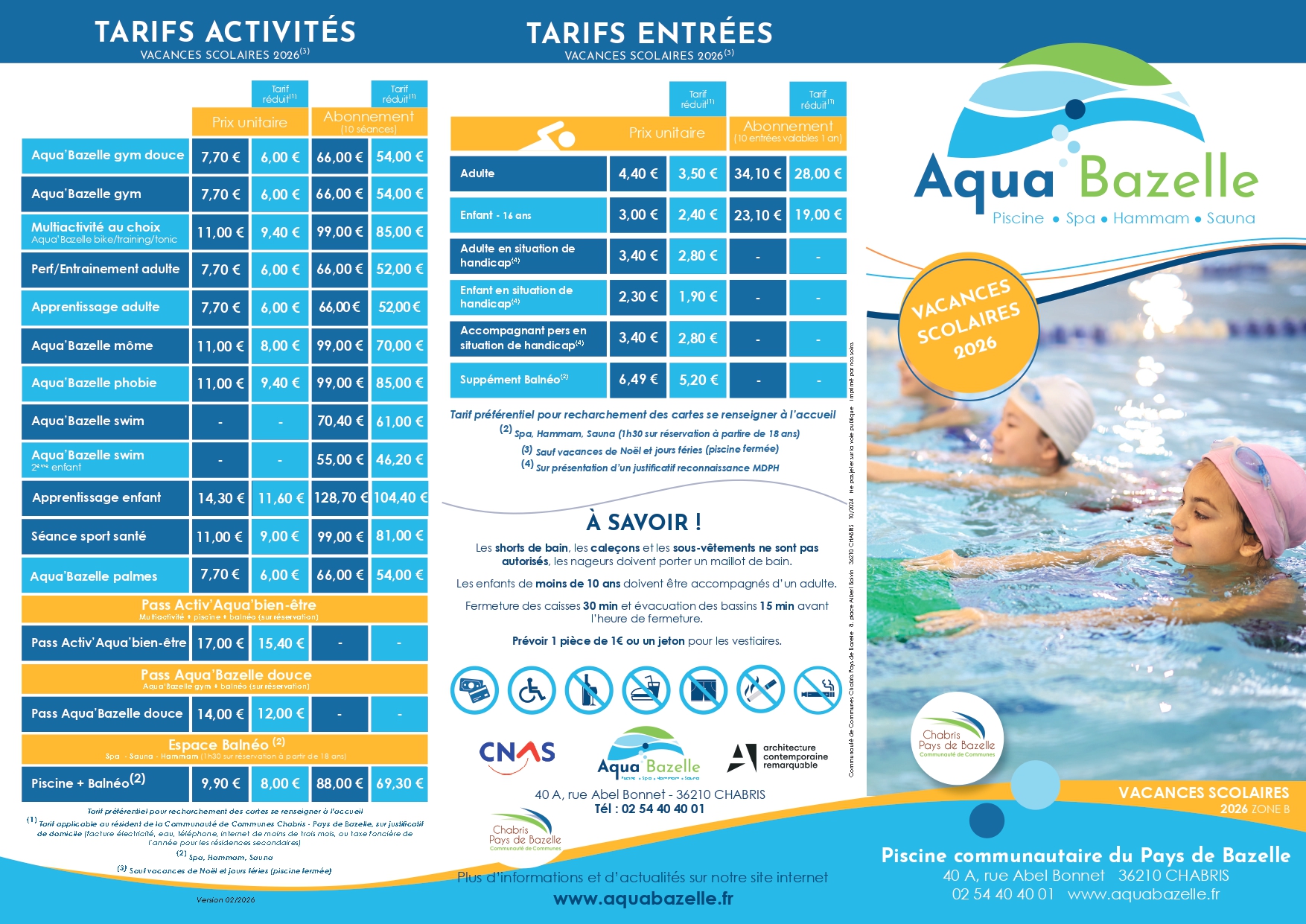 Brochure piscine Aqua'Bazelle - Vacances scolaires Zone B 2026